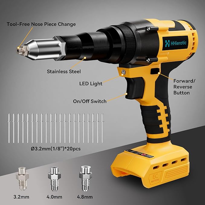 Cordless Rivet Nut Tool Kit Compatible with Dewalt 20V Battery(Tool Only),Brushless Cordless Rivet Gun with 3 Size (1/8",5/32",3/16") Rivets and Rivet Head,Pop Rivet Gun for Metal, Plastic and Leather