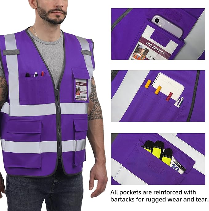Dib Safety Reflective Vest High Visibility with Pockets and Zipper, Purple 3XL