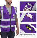 Dib Safety Reflective Vest High Visibility with Pockets and Zipper, Purple S