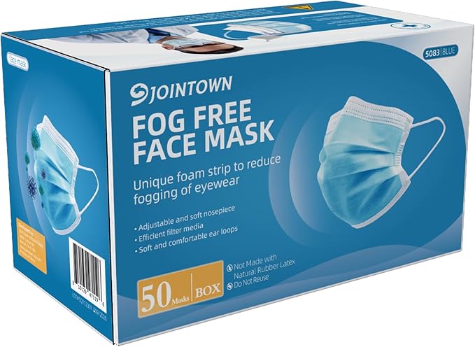 Jointown Anti-fog 3-ply Disposable Face Mask, Face Mask with Efficient Filter Media for Adult, Adjustable and Soft Nosepiece, Case of 1000