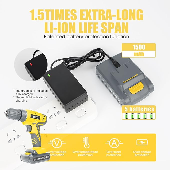 Jar-Owl 21V Cordless Drill Set, 0-1350RMP Variable Speed,350 in-lb Torque,10MM 3/8'' Keyless Chuck, 18+1 Clutch, 1.5Ah Li-Ion Battery & Charger for Home Tool Kit - Black & Yellow