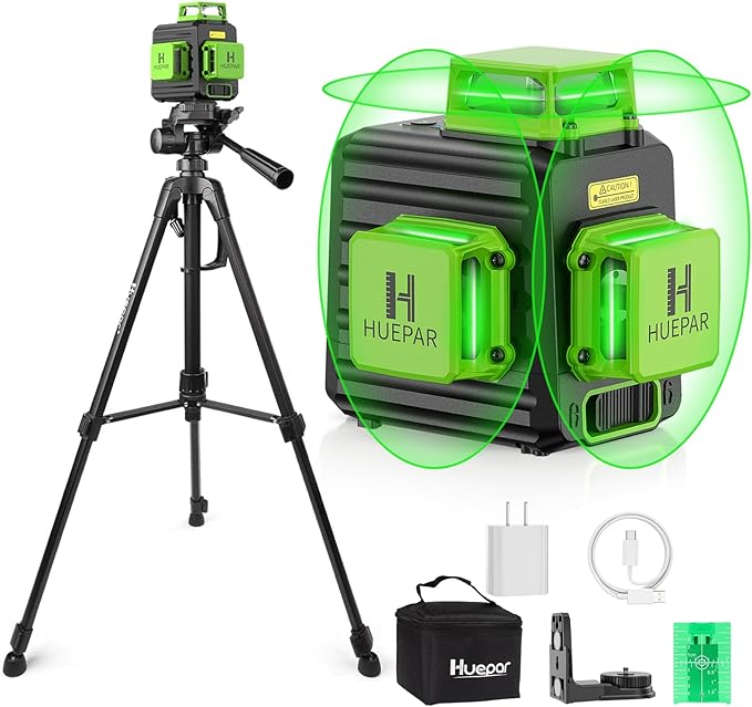 Laser Level 360 Self Leveling with 47" Tripod, Huepar 3x360° High Brightness Green Laser Leveler Tool for Construction, Tile and Picture Hanging, 5200 mAh Li-ion Battery & 2 Portable Bag Included