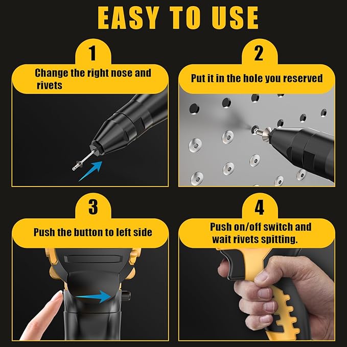 Cordless Rivet Gun Compatible with DeWalt 20V Battery,Brushless Electric Rivet Nut Tool with 3 Sizes Steel Rivets(1/8",5/32",3/16") & Nose Pieces, Professional Riveters Gun 20V(Tool Only)