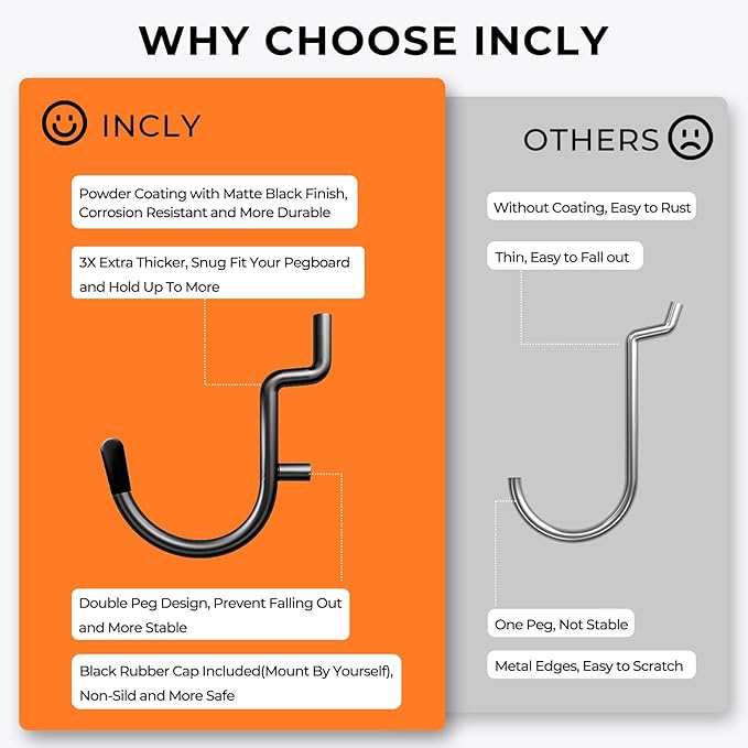 INCLY 220PCS Extra Thick 1/4" Pegboard Accessories Organizer Kit, Heavy Duty Black Pegboard Hooks with Bins and Peg Lock, Peg Board Hooks Assortment for Garage Wall Attachments Hanging Tools