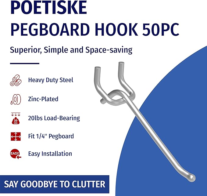 unp POETISKE Pegboard Hooks 0.204'' Diameter 6 inch Silver Metal Ball Ending Garden Tool Organizer Fits 1/4’’ Pegboard Garage Wall Hooks 50PCS