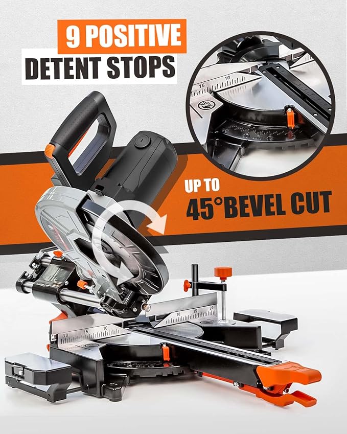 Sliding Compound Miter Saw with 3 Blades, 15A 10", Double Speed (4500 RPM & 3200 RPM), Bevel Cut (0°-45°) with Laser, Extension Table, Iron Blade Guard, Cutting Wood, PVC or Soft Metal