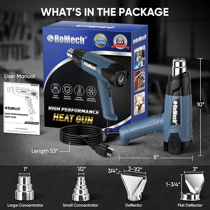 ROMECH 1500W Heavy Duty Heat Gun, Variable Temperature Control Hot Air Gun Kit with 2 Air Flow 120°F~1200°F and 4 Nozzles for Crafts Shrink Wrap (Blue)