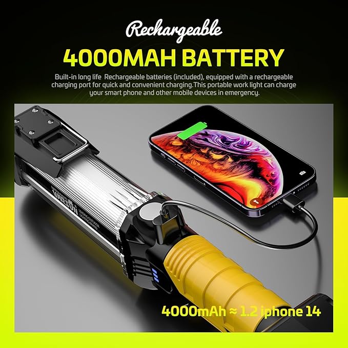 WARSUN Rechargeable 1500LM COB LED Work Light - Magnetic Hands-Free Trouble Light with Hook, IPX4 Waterproof for Garage Repair, Emergency | Tool Gifts for Men (Yellow)