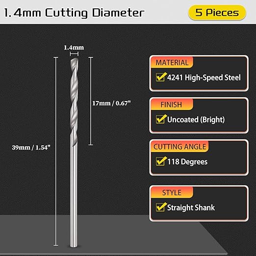 Drill Bit, 1.4mm Cutting Diameter, 4241 HSS 118° Cutting Angle Uncoated Bright Versatile Jobber Bits - (Applications: for Drilling Plastic Wood Soft Metal), 5-Pieces