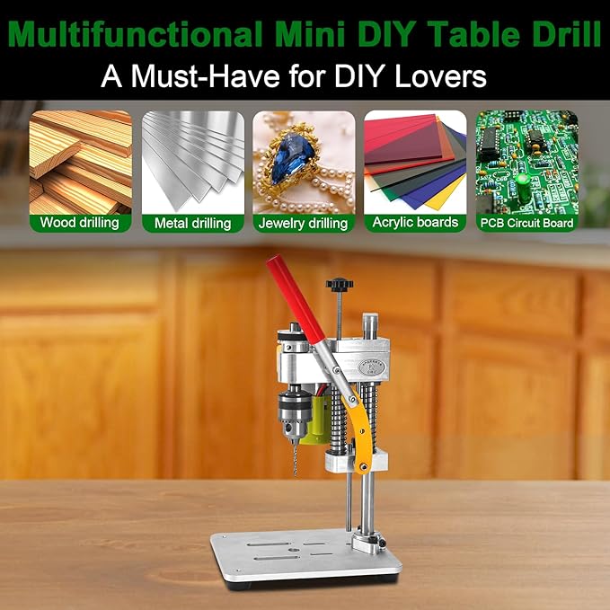 Mini Bench Drill Press, LAKIX Small Benchtop Drill Press High Precison, Low Noise, Compact Size Desktop Drilling Machine, 7-Speed B10 Chuck for Handicraft, DIY Jewelry Making, Metal Wood Working