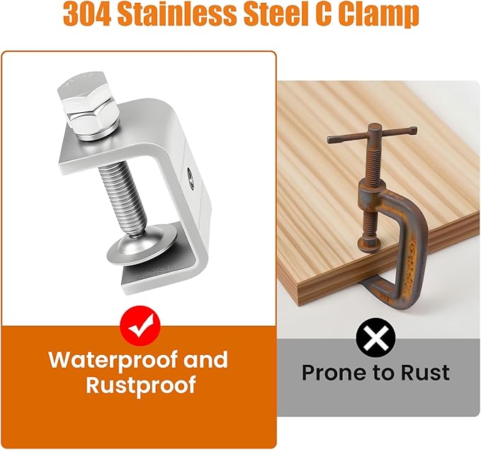 1-3/4 Inch C Clamps, 2 Pack 304 Stainless Steel C Clamps for Woodworking and Welding, Stable Wide Jaw Opening Tiger Clamp for Construction Household Mount(45mm)