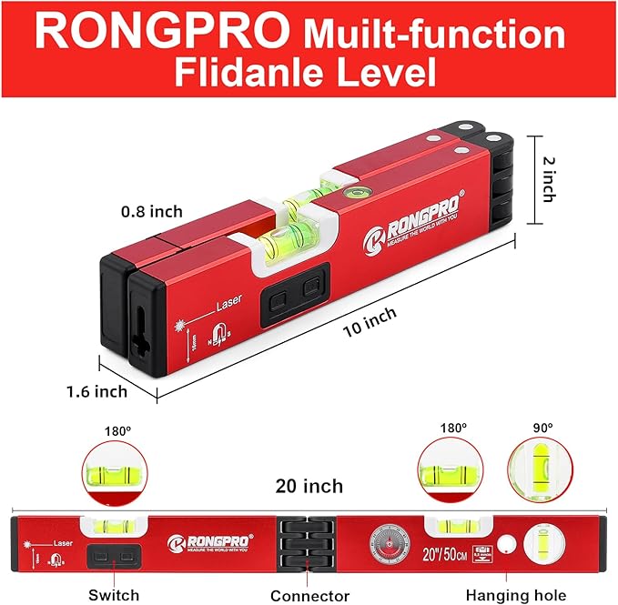 20Inch Foldable Magnetic Level-with 30Ft Laser Leveling Line and 90°/180°Bubbles,Multi-function Leveler Tool for Woodworking,Picture Hanging,Home Renovation and Construction