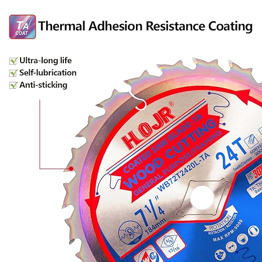 Circular Saw Blades Woodworking TA Series,7-1/4" 24-Tooth 5/8" Arbor Framing/General Purpose Saw Blade,Special Anti-Thermal Adhesion Coating on Cutting Edges -TA, 7-1/4" 24T TA