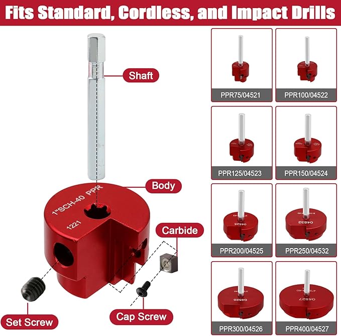 8Pcs PVC Pipe Reamer, Plastic PVC Pipe Fitting Reamer Plumbing Tools Kit Fit into Standard 1/2" Drills PVC Pipe Reamer Tool Contains PPR75, PPR100, PPR125, PPR150, PPR200, PPR250, PPR300 and PPR400
