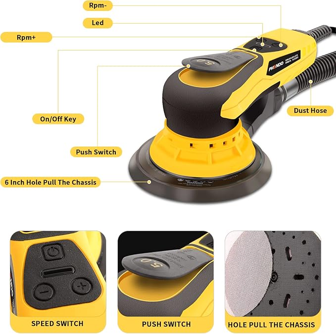Electric Random Orbital Sander Brushless 350W 3A Multi-function Variable Speed Corded Orbital Sanders Machine For Woodworking, Car, Drywall Sanding, Polishing…