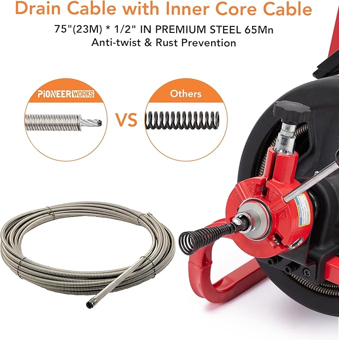 PioneerWorks 75Ft x 1/2 Inch Drain Cleaner Machine, Auto-feed Electric Drain Auger Professional for 2 to 4 Inch Pipes, with 6 Cutters, Glove, Drain Auger Cleaner Sewer Snake