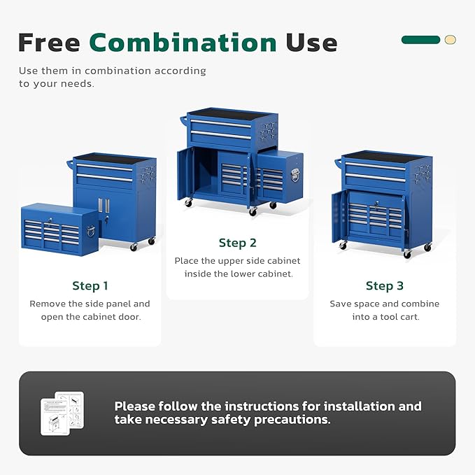 Greenvelly Tool Chest, 8-Drawer Rolling Tool Chest with Hooks and Lockable Wheels,Metal Storage Detachable Top Tool Box with Lockable Wheels for Garage,Workshop,Art Studio(Blue)