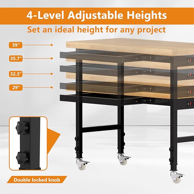 Solid Wood 48" Work Bench with Drawers, Adjustable Height Workbench with Wheels, Heavy-Duty Work Table with Power Outlets, 2000 LBS Capacity Workstation for Garage, Workshop(48" X 24")
