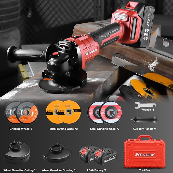 AOBEN Cordless Angle Grinder 4-1/2 inch, 21V Battery Grinder Tool, Power Electric Grinders, Brushless Motor, 2x4.0Ah Battery & Fast Charger, for Cutting, Griding, Polishing