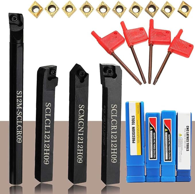 14Pcs Indexable Lathe Turning Tool 1/2"12mm,4PCS Metal Lathe Tools Holder S12M-SCLCR09,SCMCN1212H09,SCLCL1212H09,SCLCR1212H09 With 10pcs CCMT09T304 Carbide Inserts