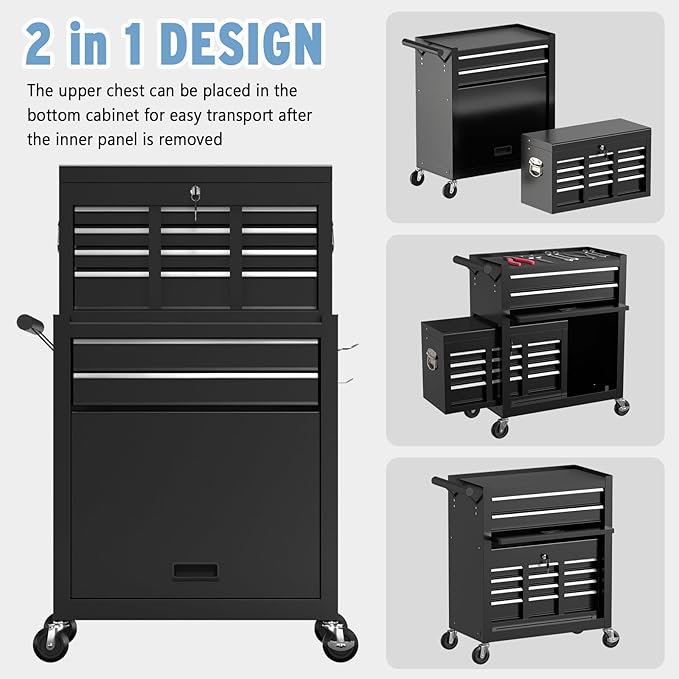 8 Drawer High Capacity Rolling Tool Chest, Metal Tool Box with Wheels and Drawers, Detachable Toolbox with Lock, Heavy Duty Tool Cabinet for Workshop, Warehouse and Garage (Black)