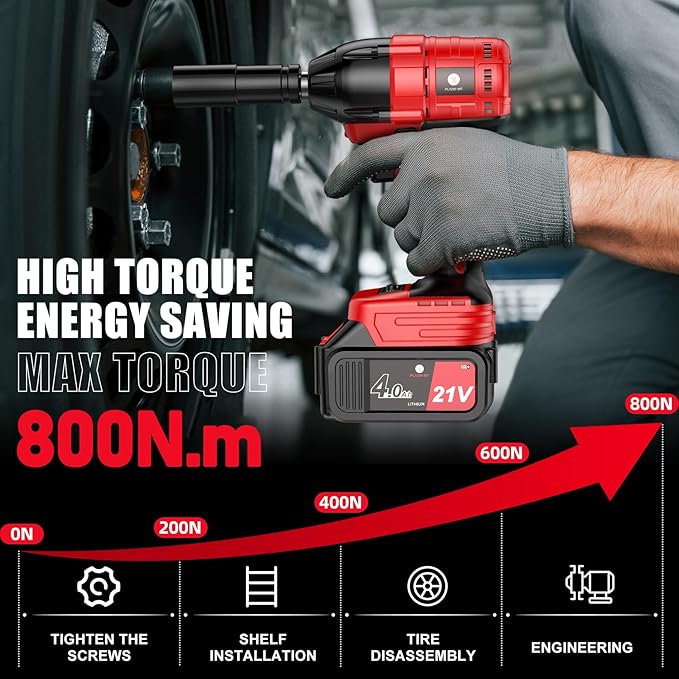 Cordless Impact Wrench 1/2 inch, 590 Ft-lbs (800N.m) Brushless Impact Gun, 21V High Torque Power Impact Driver, 2x4.0Ah Battery, Fast Charger,5 Impact Sockets for Family Car and Scaffold