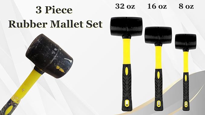 Benchmark - Rubber Mallet Set - 3 Sizes (8 oz, 16 oz, 32 oz) - Durable Low Recoil Rubber Heads with Sure Grip Fiberglass Handles