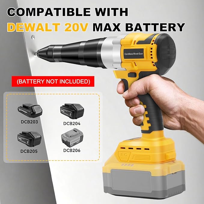 YEARTOP Cordless Rivet Tool for De-Walt 20V Max Battery, Electric Rivet Tool Kit for 3 Size (1/8'', 5/32'', 3/16") Rivets, Blind Pop Rivet Gun with 100PCS 5/32'' Rivets for Metal, Plastic(No Battery)