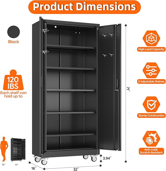 Aobabo 71" H×32" W×16" D Metal Storage Cabinet with Wheels, Garage Steel Storage Cabinet with 5 Adjustable Shelves and 4 Hooks for Home Office, Kitchen, Assembly Required, Black