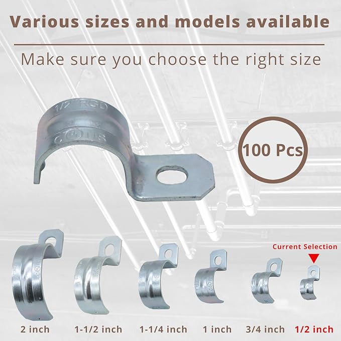 zinc plated steel pipe clamp,Steel Rigid Pipe,Holes Cable U Bracket Pipe Clamp,Electrical Conduit Straps (One Hole, 1/2 inch-100pcs)