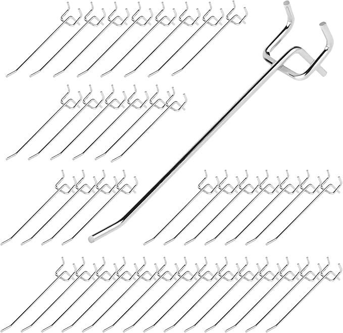 40Pcs 6" /150mm Stainless Steel Pegboard Display Hooks Bulk Set, Silver Garage Organization Peg Wall Hook Metal Slatwall Panel Hook Fit 1/8 and 1/4 Inch Pegboard for Retail