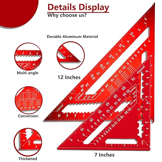 Carpenter Square 12 Inch &7 Inch,Aluminum Rafter Square Carpenter for Woodworking,Sturdy Angle Drawing Measuring Ruler,Layout Tool Alloy Triangle Ruler Protractor for Carpentry,Red