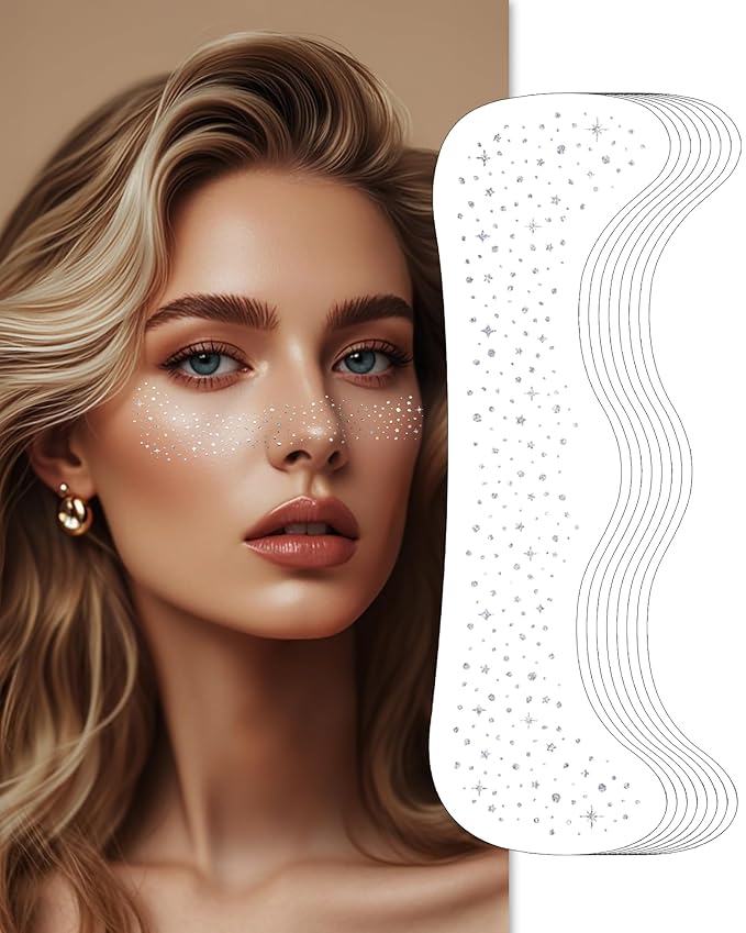 Glitter Freckles Face Tattoo - Silver Face Glitter Makeup Patches for Girls, Cute Body Glitter Accessories for Parties, Concerts Festival Rave, or Holidays - 8 Counts