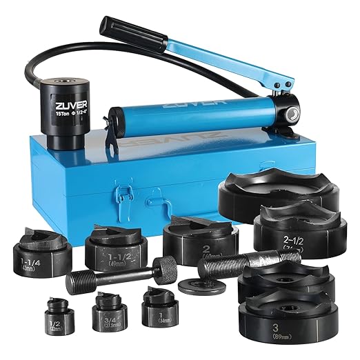 15T Hydraulic Knockout Punch Kit KO Tools with 10 Slug Splitting Dies, 1/2" to 4" Electrical Conduit Hole Cutter Set, Metal Punch Tool for Steel, Stainless Steel, Aluminum, Plastic