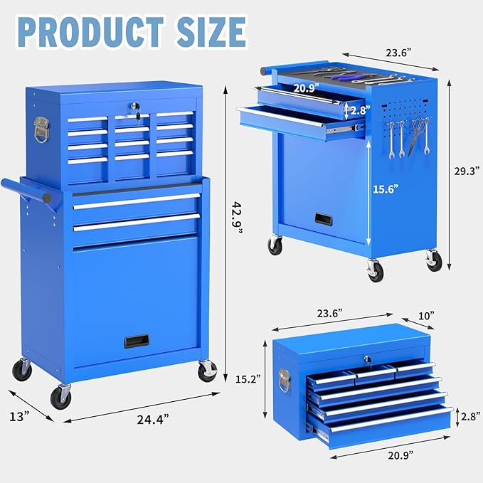 8 Drawer High Capacity Rolling Tool Chest, Metal Tool Box with Wheels and Drawers, Detachable Toolbox with Lock, Heavy Duty Tool Cabinet for Workshop, Warehouse and Garage (Blue)