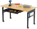 60" Adjustable Workbench on Wheels, 2000 LBS Heavy Duty Work Table with Power Outlets & Pegboard, Rubber Wood Workstation for Garage, Workshop, Office, Home, Commercial