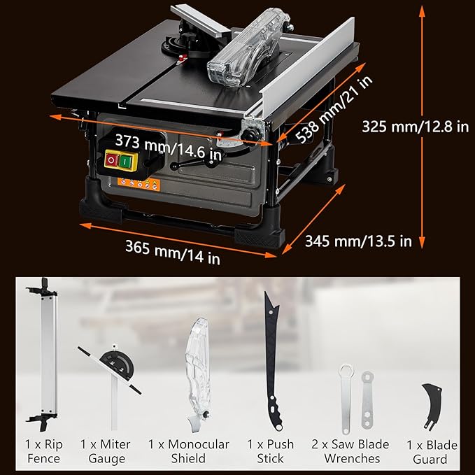Table Saw for Jobsite, 8-inch 6.7-Amp Copper Motor, Cutting Speed up to 3576RPM, 24T Blade, Compact Portable Table Saw Kit with Sliding Miter Gauge DIY Woodworking and Furniture Making, Grey