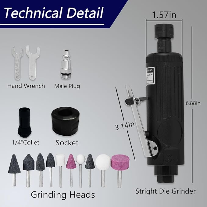 Air Die Grinder Kit 1/4", 22,000 RPM Straight Pneumatic Grinder with 10-Piece Stone Set for Metal Polishing, Grinding, Automotive & Woodworking