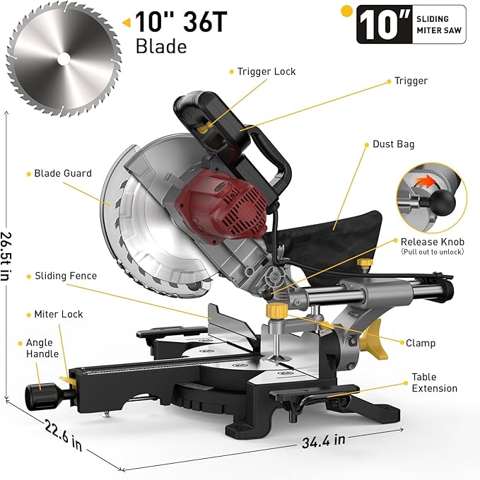10-inch Sliding Compound Miter Saw, 4800RPM, 15 Amp, Single Bevel 0-45° with Extension Table, 36T Blade, Power Saw for Metal, Plastic, Wood, Laminates
