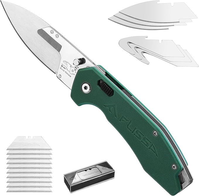 FLISSA Folding Utility Knife, 3-in-1 EDC Knife with Drop Point, Gut Hook & Replaceable Blades, Quick Change, Liner Lock, G10 Handle, Belt Clip for Outdoor & Everyday Use, Includes 16 Blades