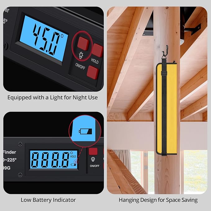 BINTA Digital Angle Finder 0-225° Range, Aluminum Backlit LCD Digital Protractor with Horizontal/Vertical Dual Bubble Meter Storage Bag for Woodworking, Construction, Machinery, Home DIY (Black)