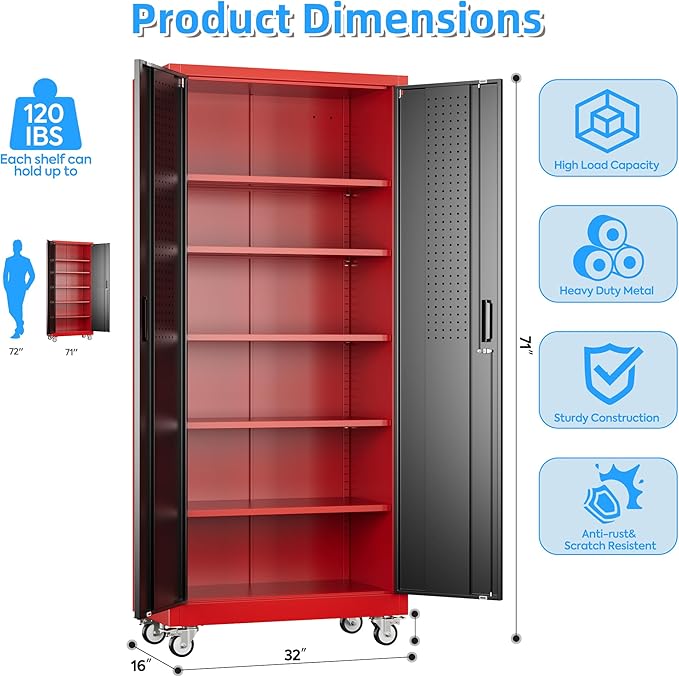 71" H×32" W×16" D Garage Storage Cabinet with Wheels, Locking Metal Storage Cabinet with 5 Adjustable Shelves, 4 Hooks and Pegboard for Garage, Home Office, Kitchen, Black and Red