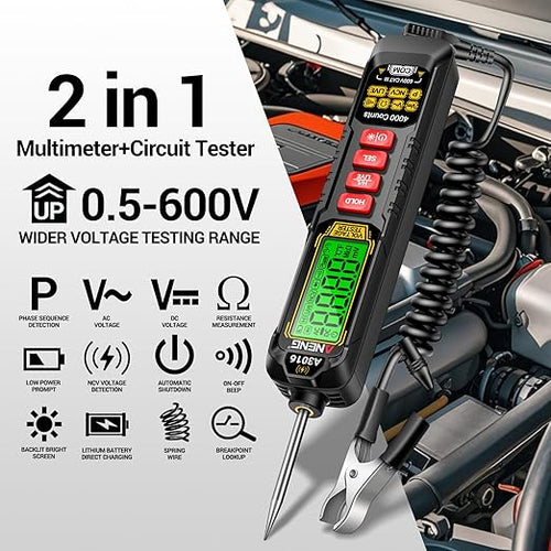 0.5V-600V Multimeter,AC/DC Automotive Test Light,Rechargeable Buzzer Circuit Tester with Sharp Probe,Polarity Indicator Light, Continuity Voltage Fuse Tester Pen with Alligator Clip for Sedan, SUV, RV