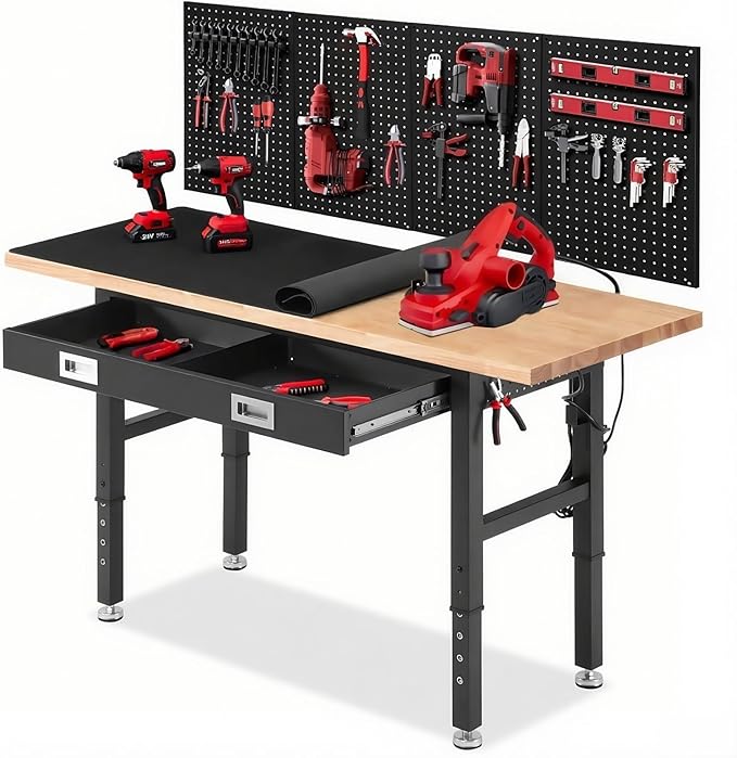 Workbench for Garage 60 x 22 Inch Adjustable Height Work Table with Drawers Heavy Duty Rubberwood Tabletop Work Bench with Pegboard, Power Outlets for Office Home Commercial