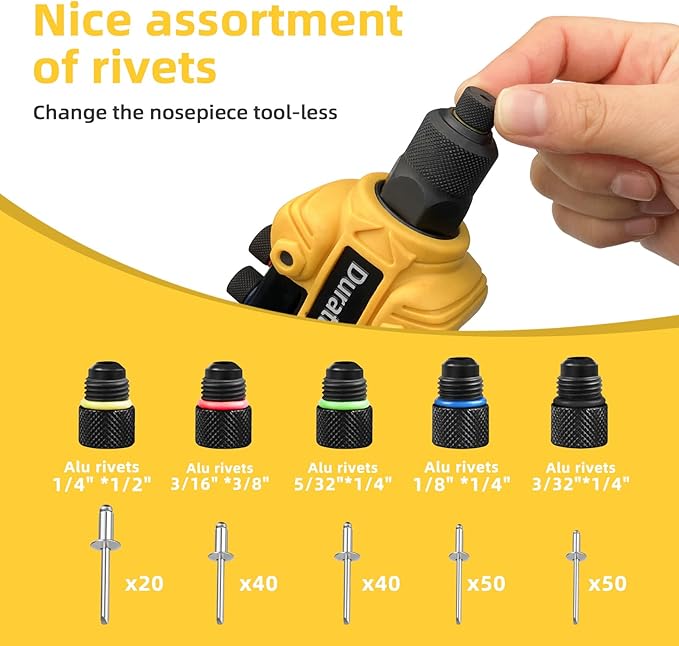 Rivet Gun, 1/4 Pop Rivet Gun Kit with 200 Blind Rivets, 5 Interchangeable Rivet Heads (3/32", 1/8", 5/32", 3/16", 1/4"), Heavy Duty Hand Riveter Tool for Metal, Gutter & Automotive