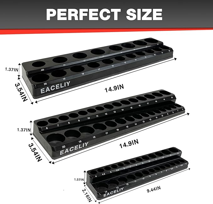 3Pcs 1/2", 1/4" and 3/8" Magnetic Socket Organizer Set,Metric Socket Holder Kit, Socket Trays，holds 75 Deep and Shallow 3/8" Sockets(sockets not included)