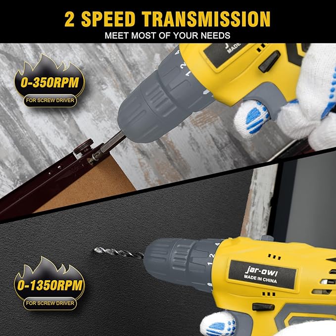 Jar-Owl 21V Cordless Drill Set, 0-1350RMP Variable Speed,350 in-lb Torque,10MM 3/8'' Keyless Chuck, 18+1 Clutch, 1.5Ah Li-Ion Battery & Charger for Home Tool Kit - Black & Yellow