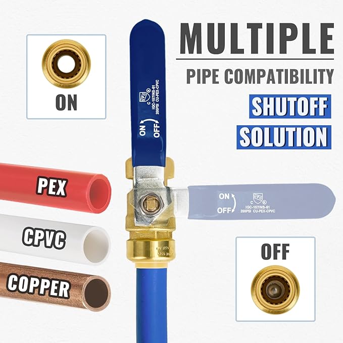 Shut Off Ball Valve 3/4 Inch, SUNGATOR 3/4 Inch Ball Valve, Push-to-Connect Water Shutoff with Blule Handle, No Lead Brass Plumbing Fittings for PEX Pipe, Copper,CPVC, Pack of 1