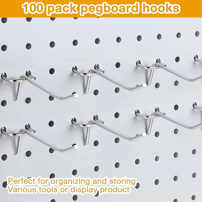 Funrous 100 Pack Peg Board Hooks Stainless Steel Pegboard Hooks Shelving Display Hanging Peg Board Holders for 1/8 and 1/4 Garage Storage Tools Organizer(2 Inch)