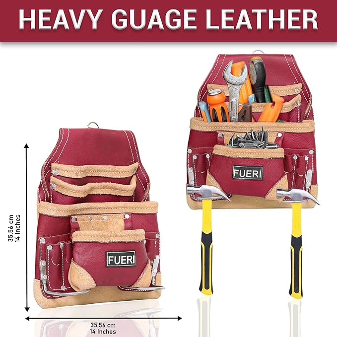 FUERI Leather Tool Belt Suspenders for Carpenters Construction Electricians Framers Bags Pouches Holder Organizer Set(16 Pocket Maroon Tool Belt Set, Adjustable)